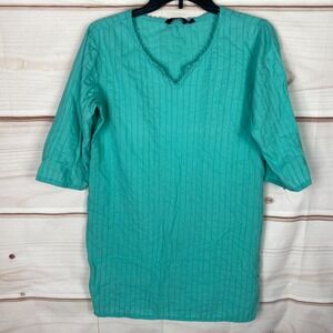 Srishti Top Womens L Green 3/4 Sleeve Tunic Indian Kurti Bead Neck Cotton Blouse